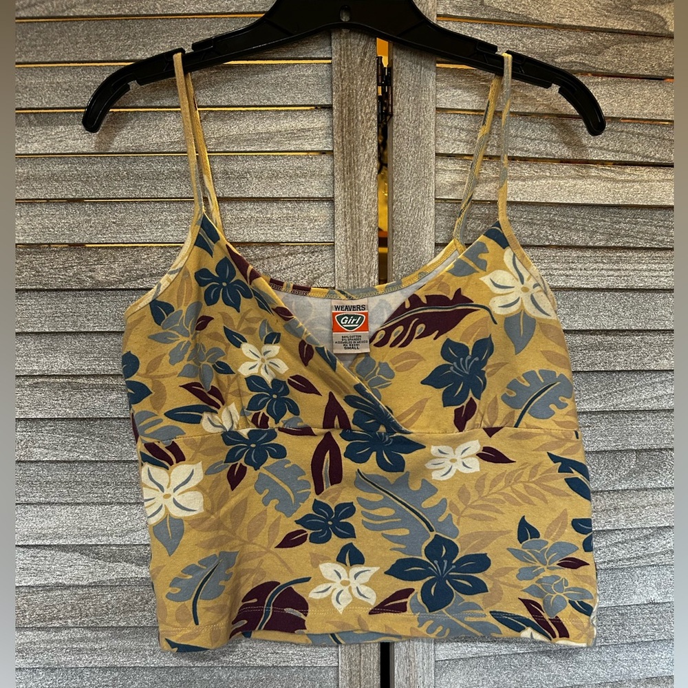 WEAVERS GIRL Yellow Hawaiian Floral Cropped Tank Top Size Small Juniors Petites